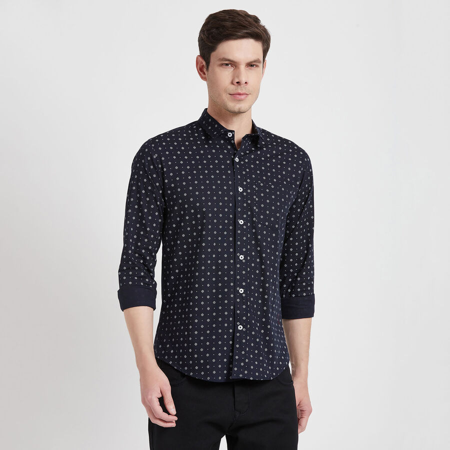 Cotton Printed Casual Shirt, Navy Blue, large image number null