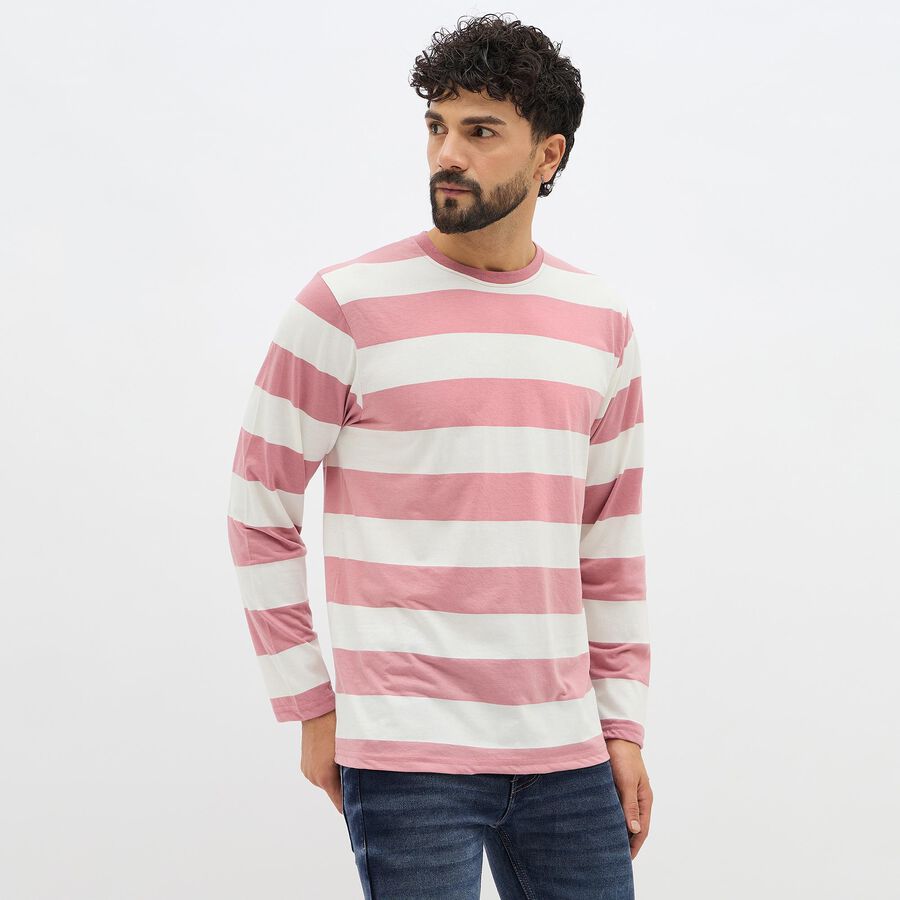 Men's Light Pink and White Crew Neck Casual T-Shirt, Light Pink, large image number null