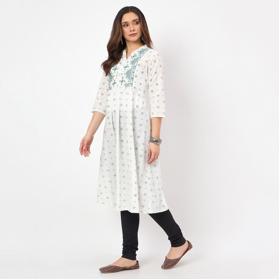 Women's White 100% Cotton Notch Neck Floral Printed Kurta, ऑफ व्हाइट, large
