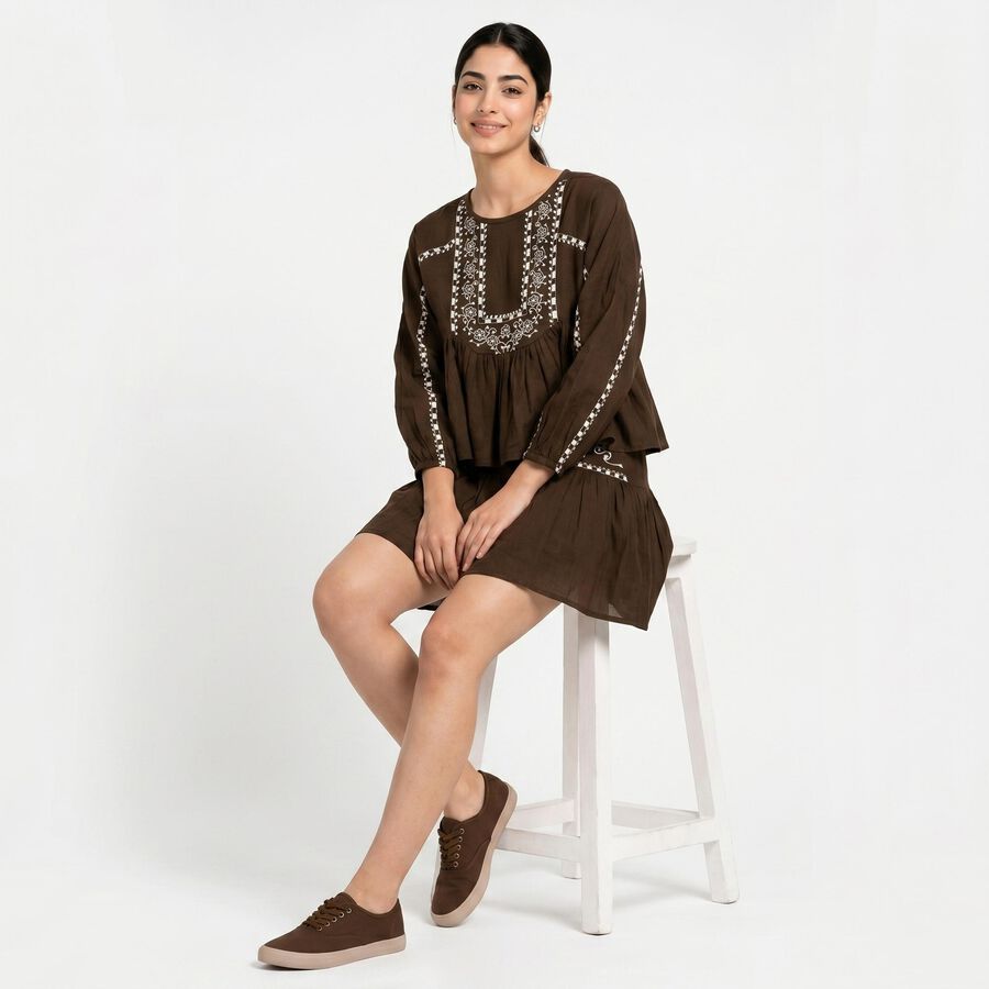Women's Brown Cotton Embroidered Co-ord Set, भूरा, large