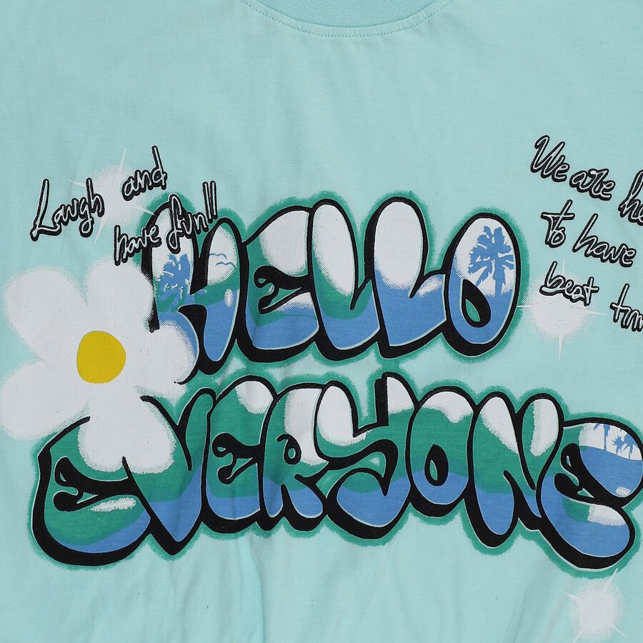 Girls' Light Blue Cotton Round Neck Graphic Print T-Shirt, Light Blue, large