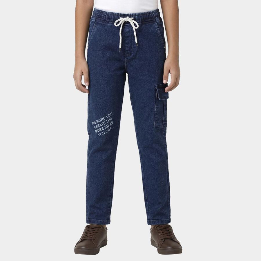Boys' Blue Cargo Fit Printed Jeans, गहरा नीला, large