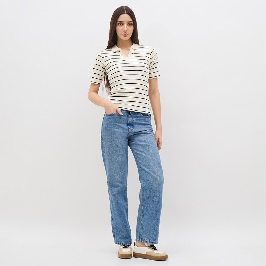 Women's Off-White Collared Casual Striped Top, ऑफ व्हाइट, large