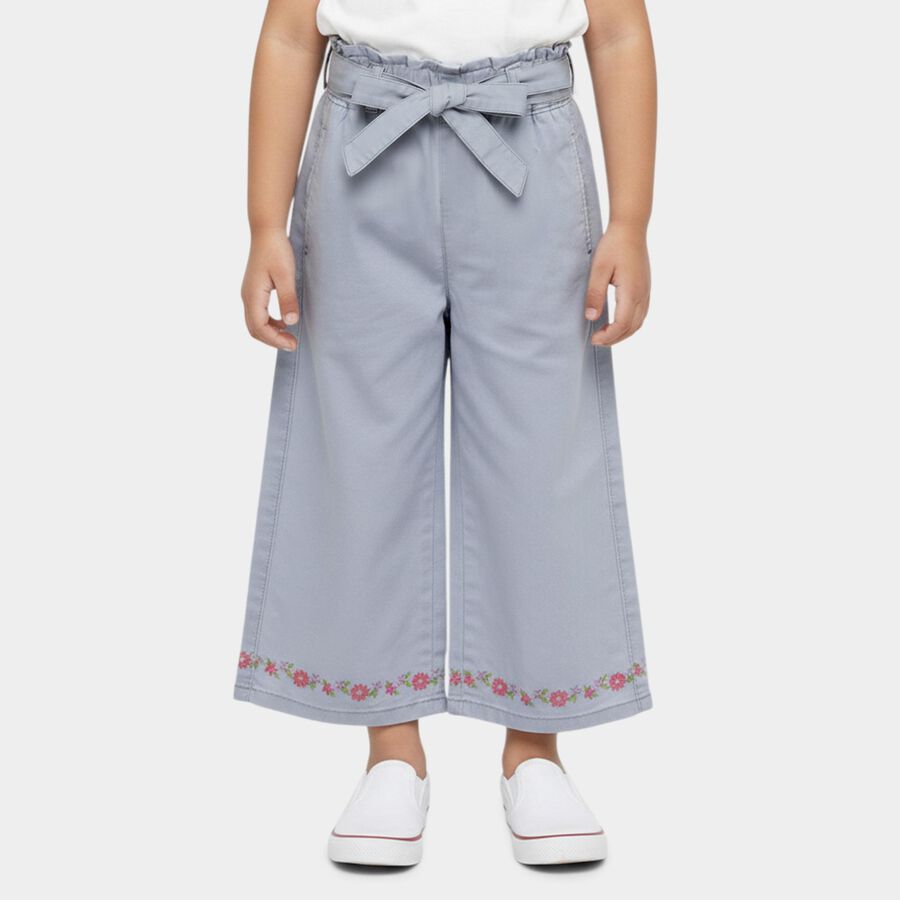 Girls' Light Grey Wide Leg Embroidered Paperbag Waist Jeans, Light Grey, large