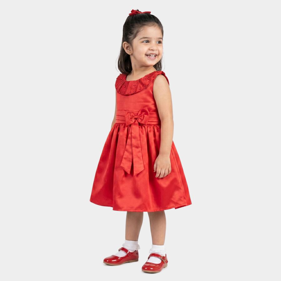 Girls' Red Fit and Flare Embellished Bow Party Wear Frock, Red, large