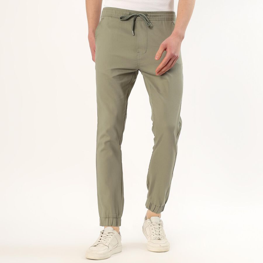 Men's Muted Olive Green Slim Fit Elastic Waist Casual Trousers, Light Green, large