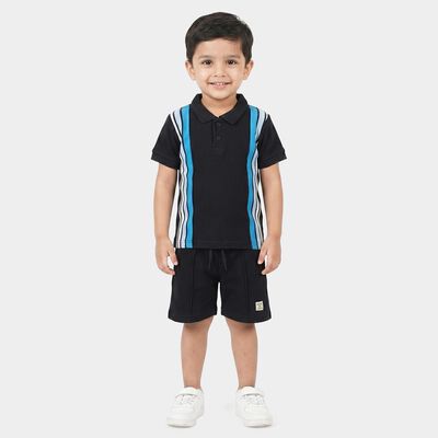Boys Navy Blue Polo Neck Striped Baba Suit