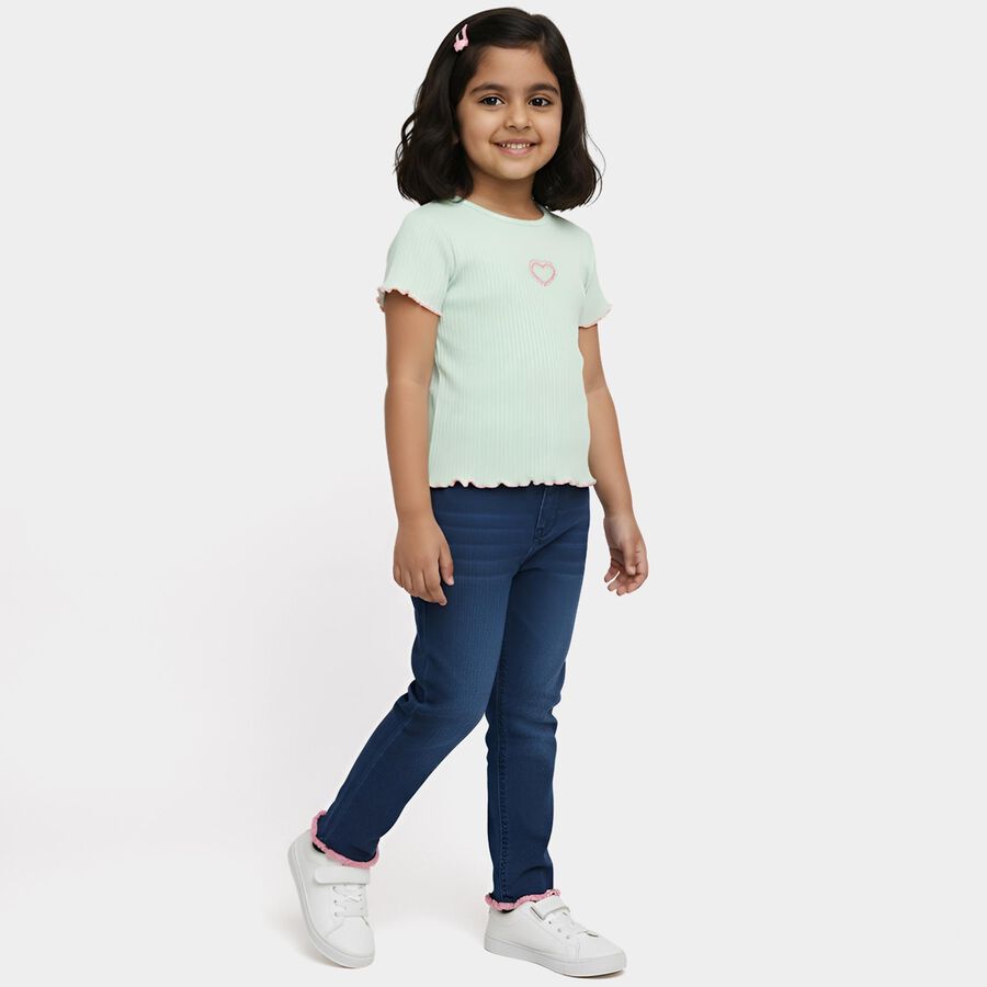 Girls' Mint Green Cotton Round Neck Casual T-Shirt, Light Green, large