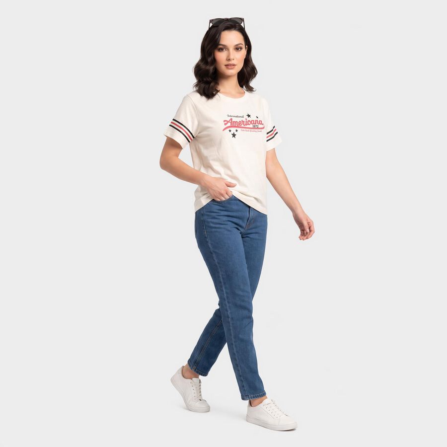 Women's Off White Round Neck Regular T-Shirt, ऑफ व्हाइट, large