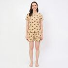 Women's Brown Round Neck Teddy Bear Printed Night Suit, Brown, small