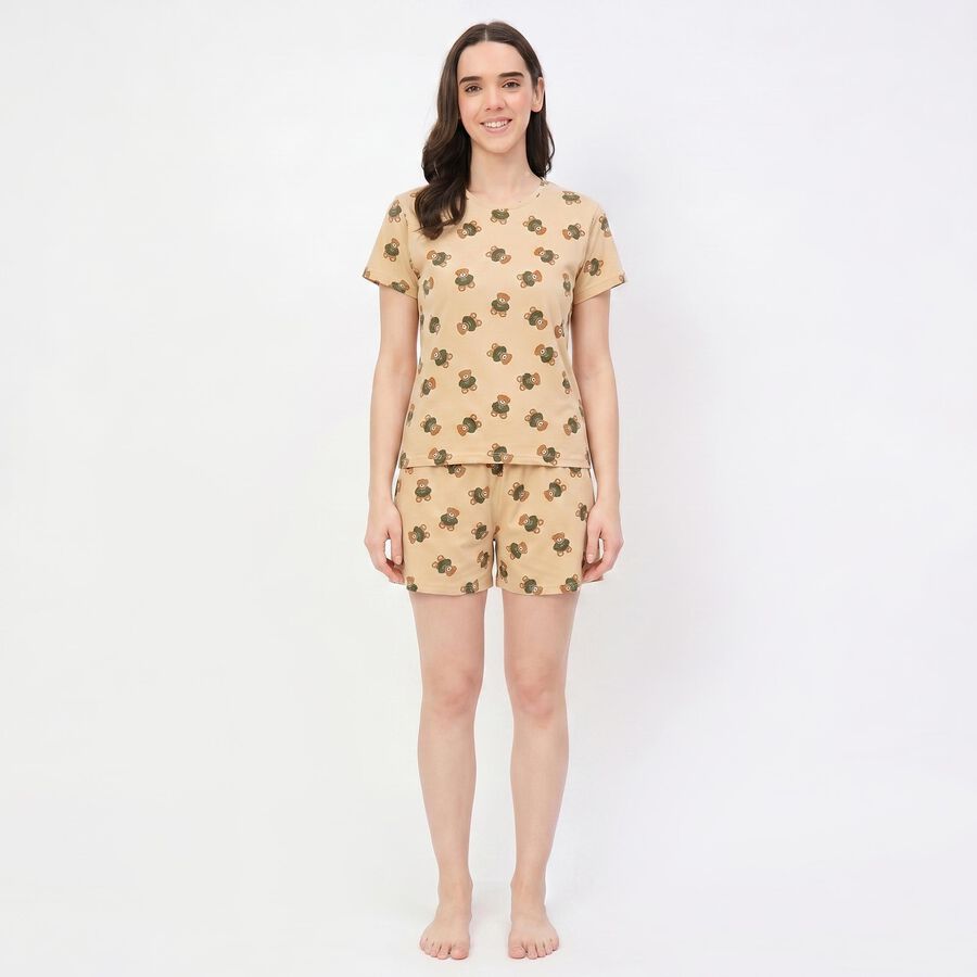 Women's Brown Round Neck Teddy Bear Printed Night Suit, Brown, large
