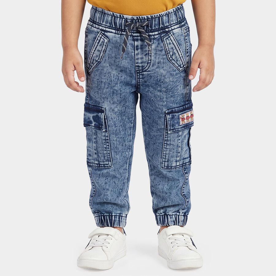 Boys Blue Jogger Fit Washed Cargo Jeans, Mid Blue, large
