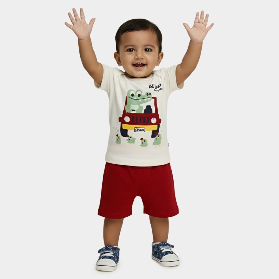 Infants' Red 100% Cotton Round Neck Printed Baba Suit, Red, large