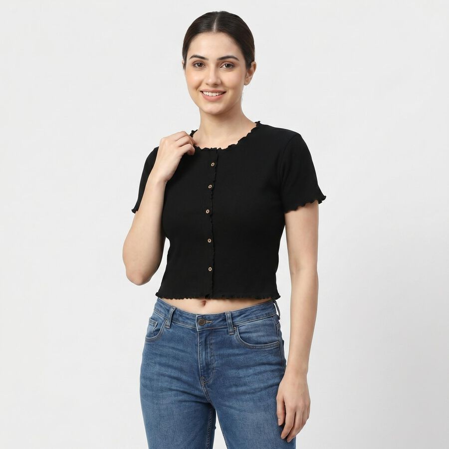 Women's Black Cotton Blend Top, काला, large