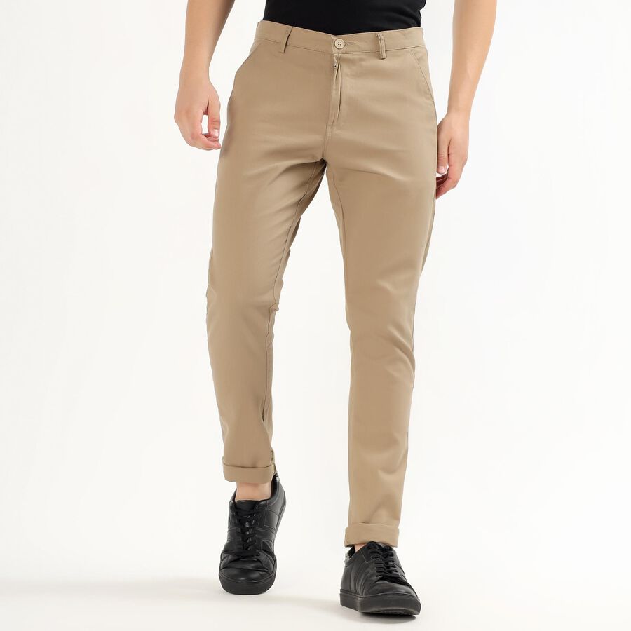 Men's Muted Beige Slim Fit Flat-Front Casual Trousers, Beige, large