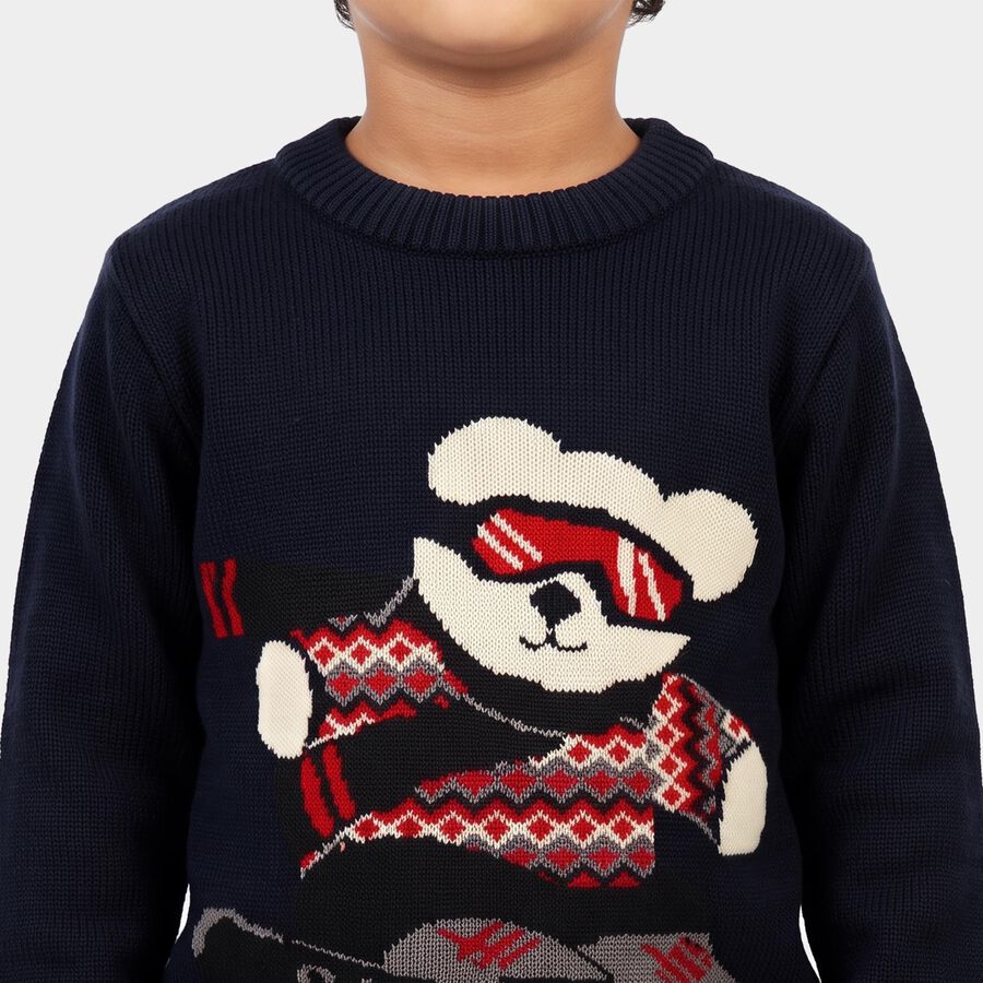 Boys' Navy Blue Crew Neck Graphic Pullover, Navy Blue, large