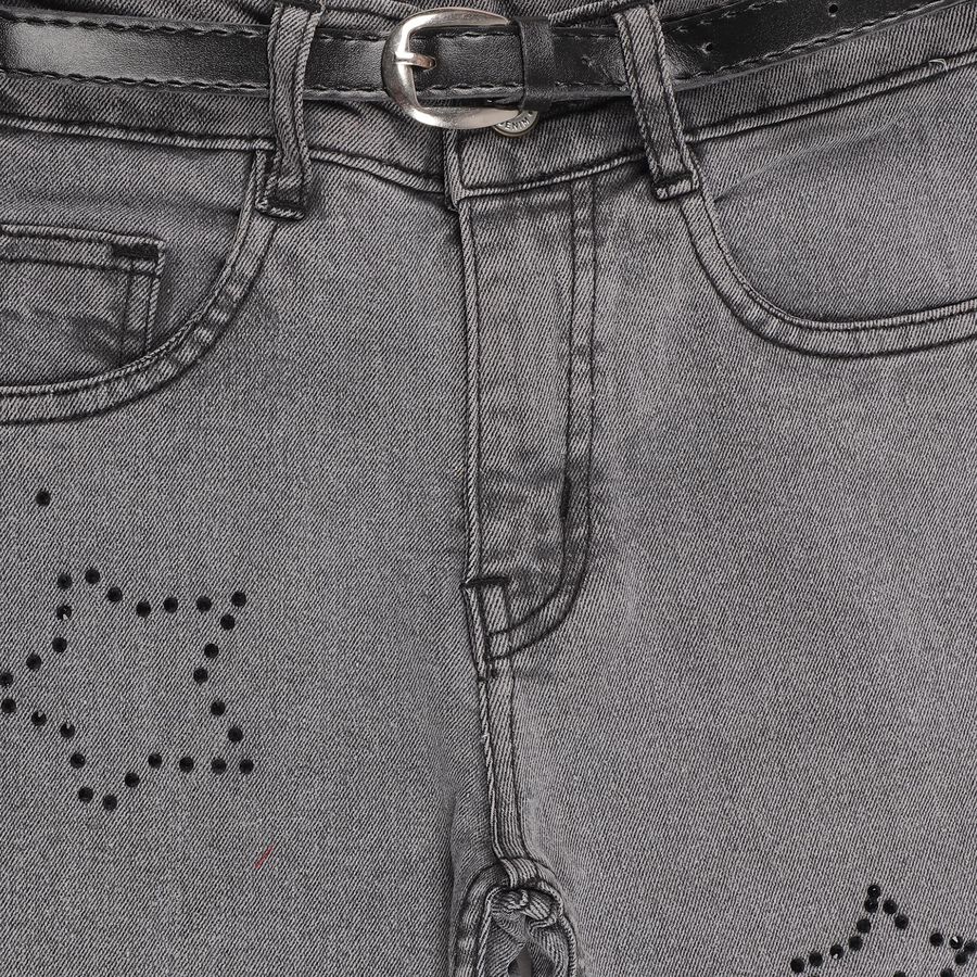 Girls' Muted Charcoal Grey Straight Fit Star Embellished Jeans, काला, large image number null