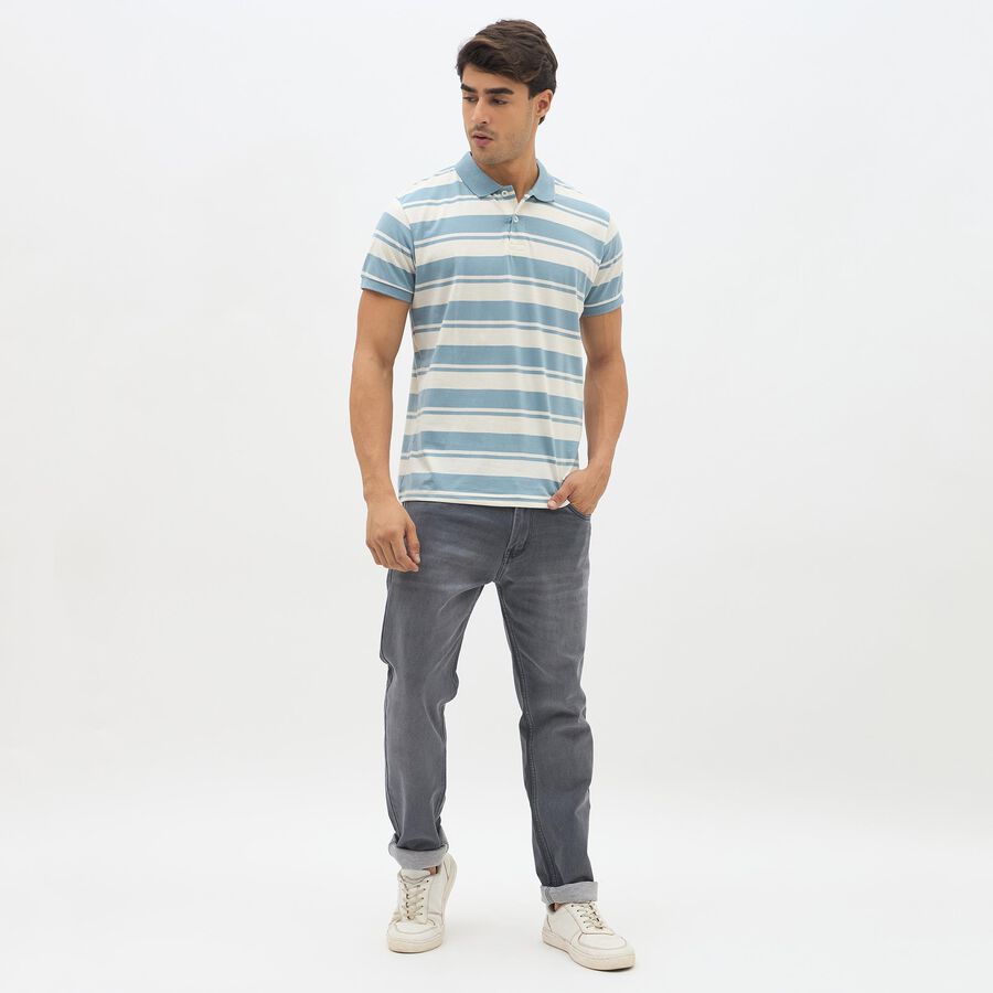 Men's Light Steel Blue Polo Neck Striped T-Shirt, मध्यम नीला, large image number null