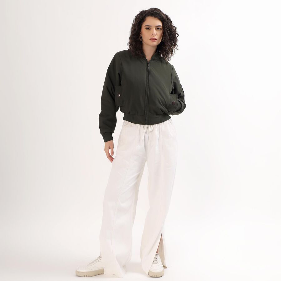 Women's Dark Olive Green Zip Bomber Jacket, Olive, large image number null