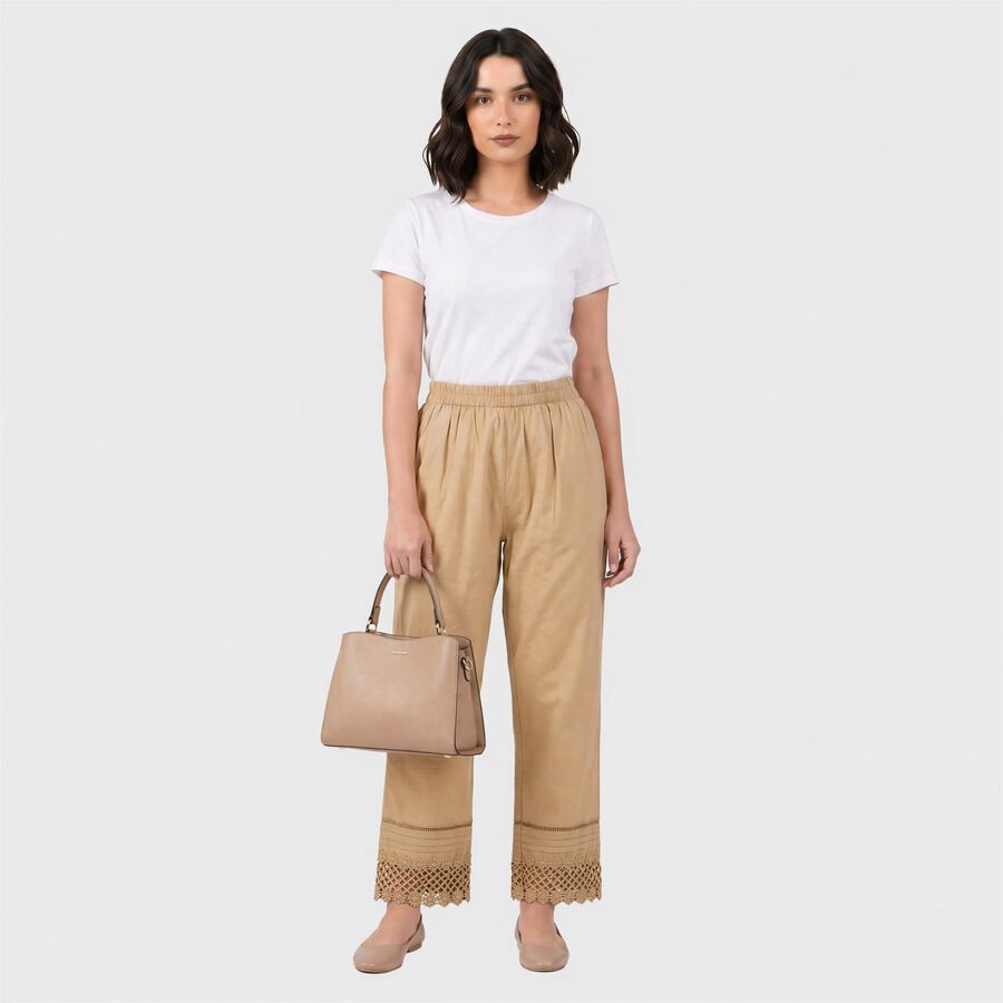 Women's Beige Regular Fit Lace Hem Solid Palazzos, गहरा पीला, large