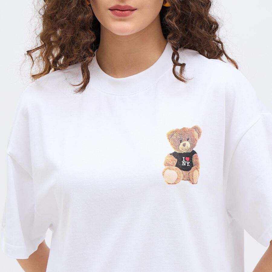 Women's Bright Snow White Cotton Round Neck Casual T-Shirt, सफ़ेद, large image number null