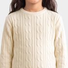 Girls Cream Crew Neck Cable Knit Pullover, ऑफ व्हाइट, small