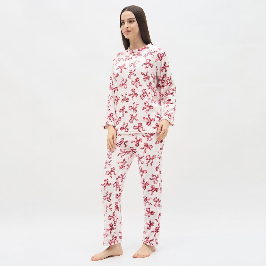 Women's White and Red Bow Printed Fleece Pyjama Set, लाल, large image number null
