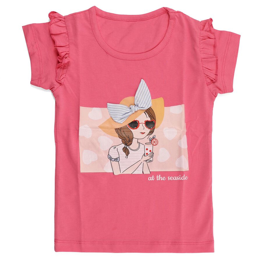 Girls Bright Pink Cotton Round Neck Casual T-Shirt, गुलाबी, large