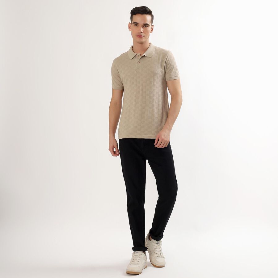 Men's Muted Beige Polo Neck Casual T-Shirt, Ecru Melange, large image number null