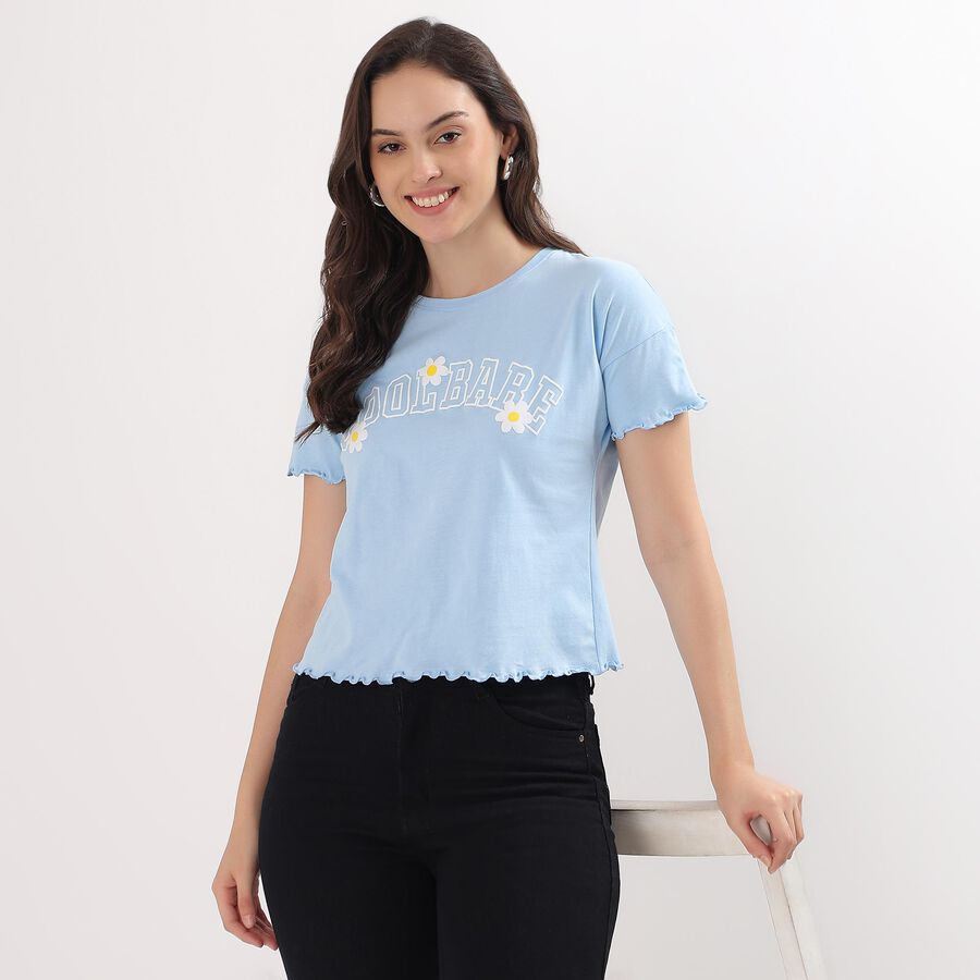 Ladies' Light Blue Cotton Crop-Length Round Neck T-Shirt, Light Blue, large image number null