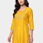 Women's Yellow Round Neck Embroidered Kurta, Yellow, small