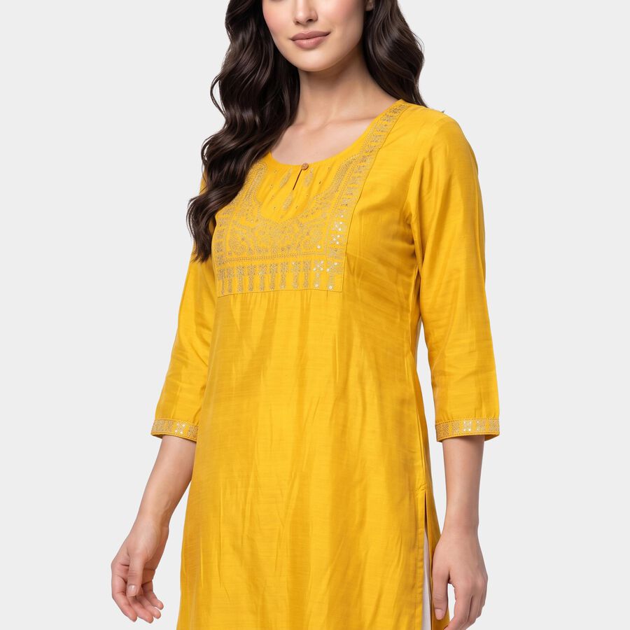 Women's Yellow Round Neck Embroidered Kurta, Yellow, large
