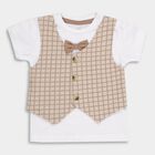 Infants' Beige Cotton Round Neck Striped Baba Suit, Beige, small