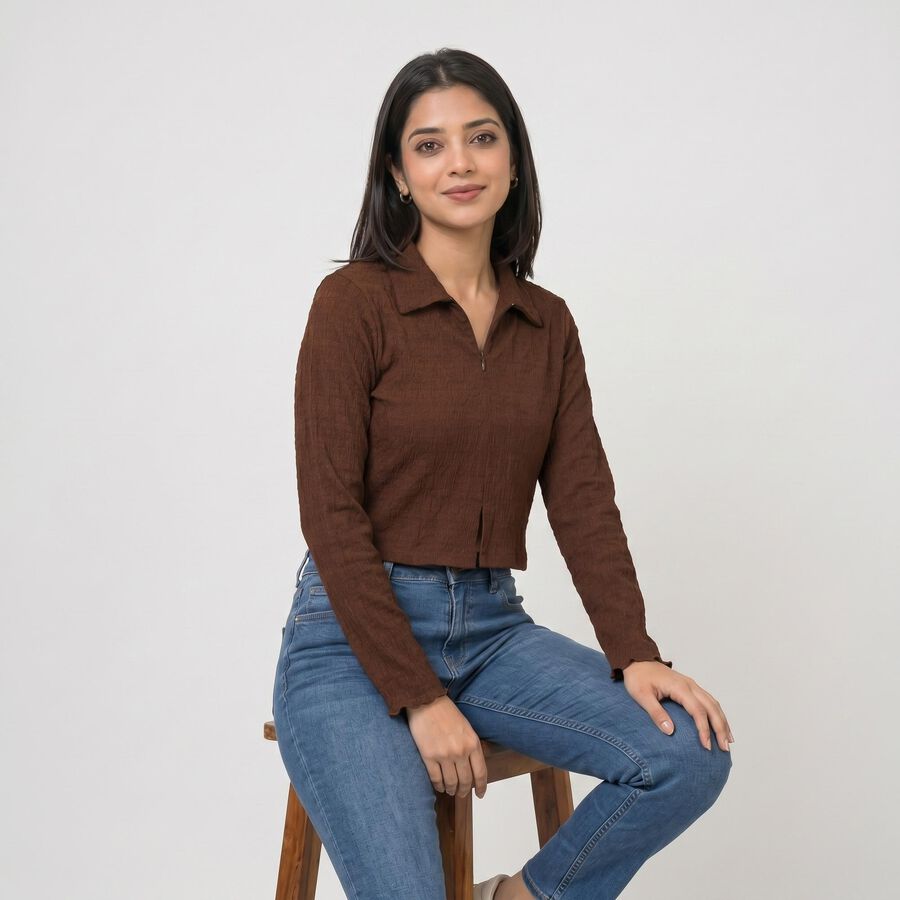 Women's Brown Collared Neck Crop Top, भूरा, large