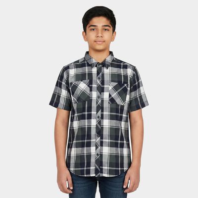 Boys Navy Blue Cotton Short Sleeves Collared Regular Fit Shirt