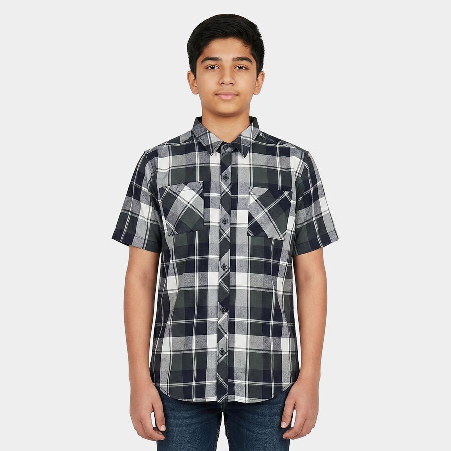 Boys Navy Blue Cotton Short Sleeves Collared Regular Fit Shirt, नेवी ब्लू, large