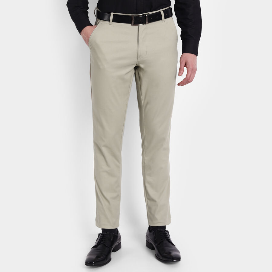 Solid Slim Fit Trousers, Beige, large image number null