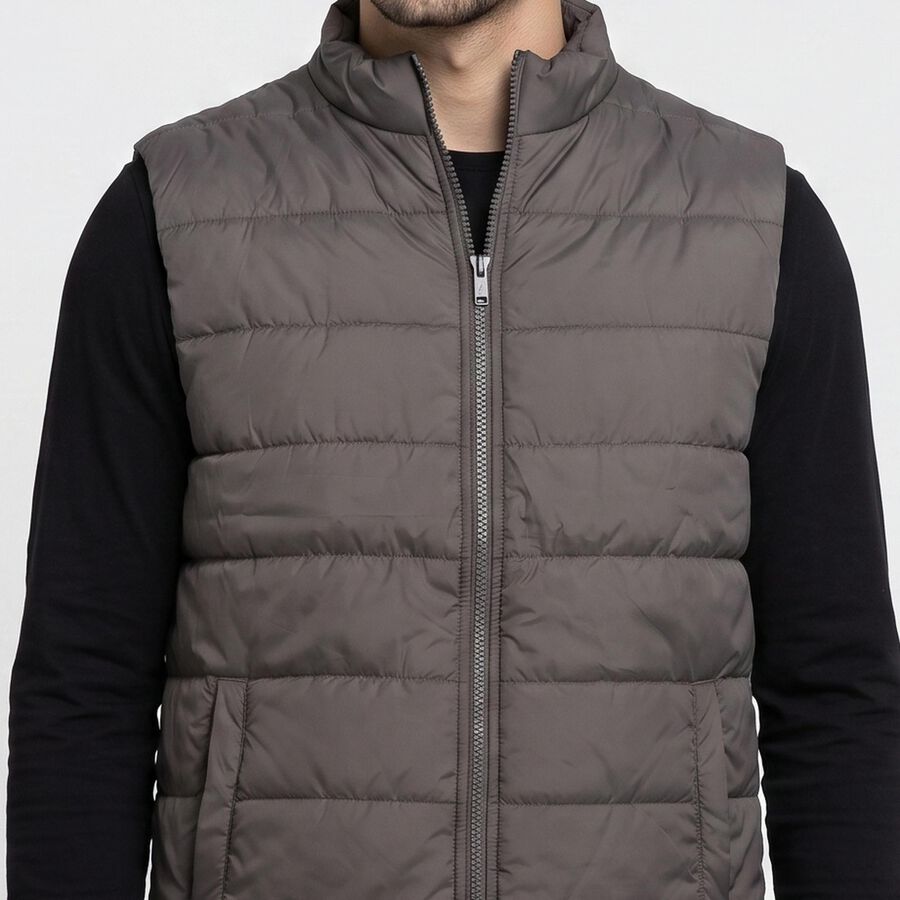 Men's Dark Grey Stand Collar Puffer Jacket, Dark Grey, large