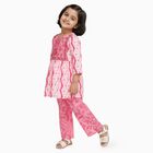 Girls' Bright Pink Embroidered Ikat Kurta and Palazzo Fusion Set, Pink, small