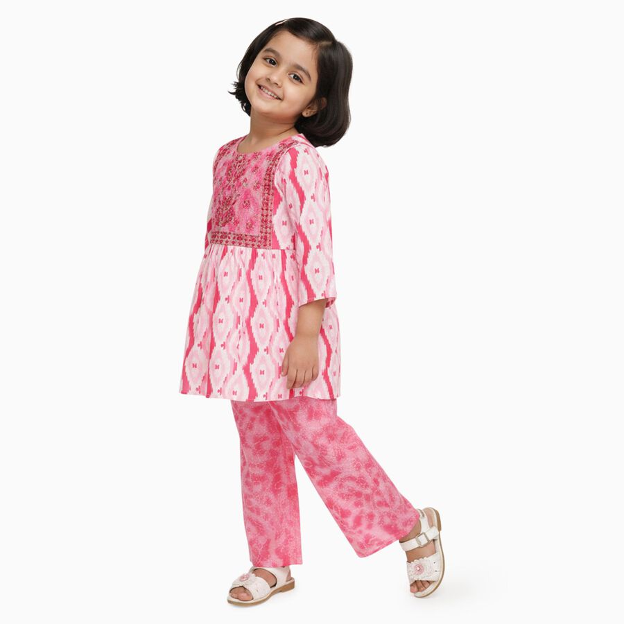 Girls' Bright Pink Embroidered Ikat Kurta and Palazzo Fusion Set, Pink, large