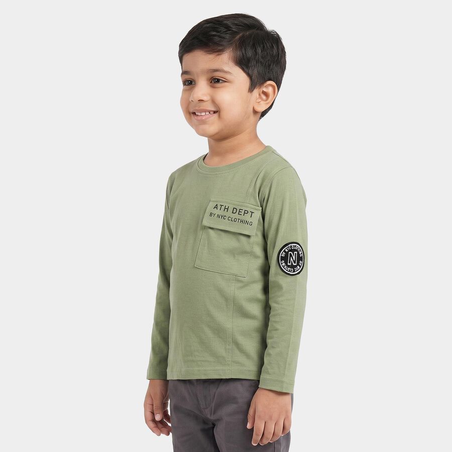 Boys Olive Green Cotton Round Neck Regular T-Shirt, Olive, large