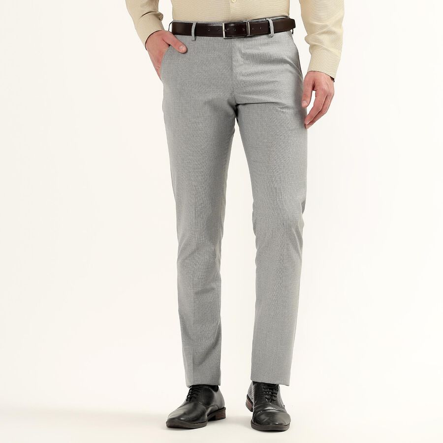 Men's Light Grey Slim Fit Flat-Front Trousers, Light Grey, large