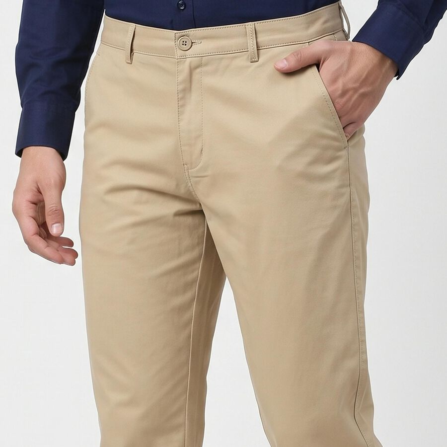 Men's Beige Flat-Front Trousers, गहरा पीला, large
