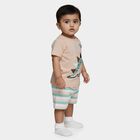 Infants' Peach Cotton Round Neck Dinosaur Printed Baba Suit, Peach, small