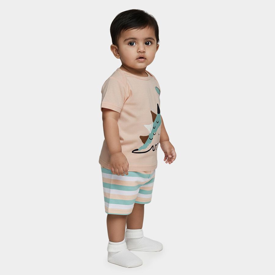 Infants' Peach Cotton Round Neck Dinosaur Printed Baba Suit, Peach, large