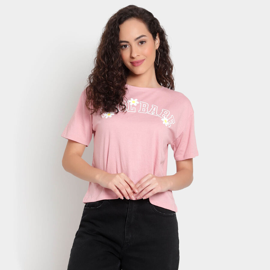 Round Neck Cropped T-Shirt, Pink, large image number null