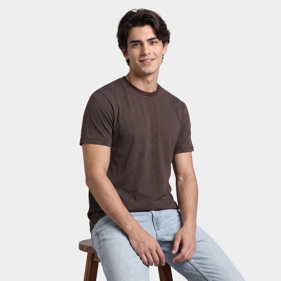 Men's Brown Round Neck Regular T-Shirt, भूरा, large