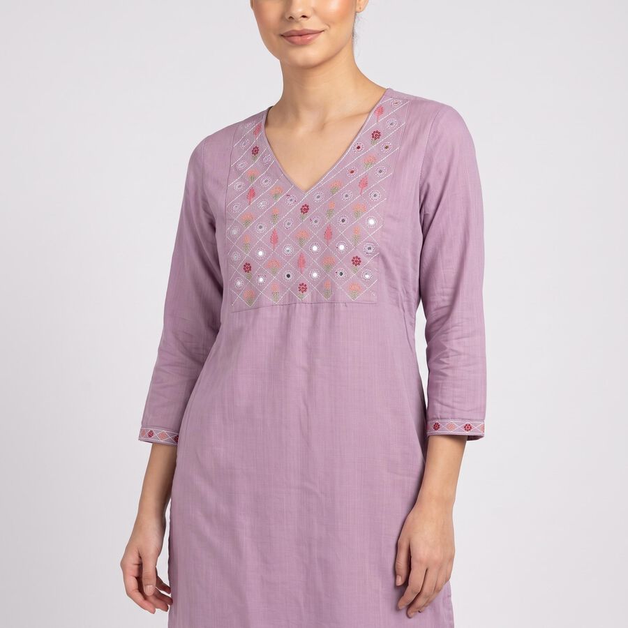 Women's Lilac V-Neck Embroidered Kurta, Lilac, large