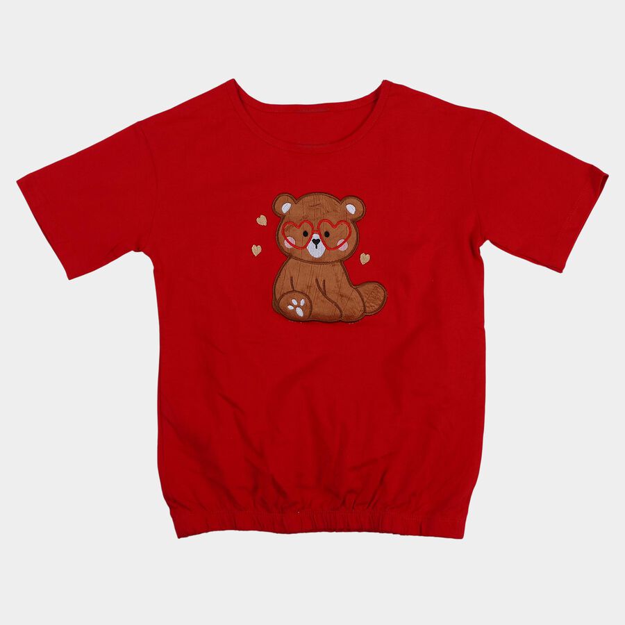 Girls Red Cotton Round Neck Casual T-Shirt, Red, large