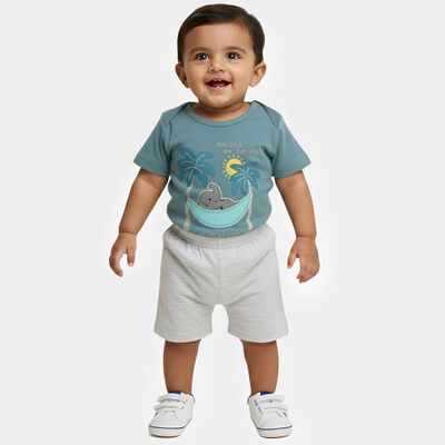 Infants' Teal Blue Cotton Round Neck Printed Baba Suit